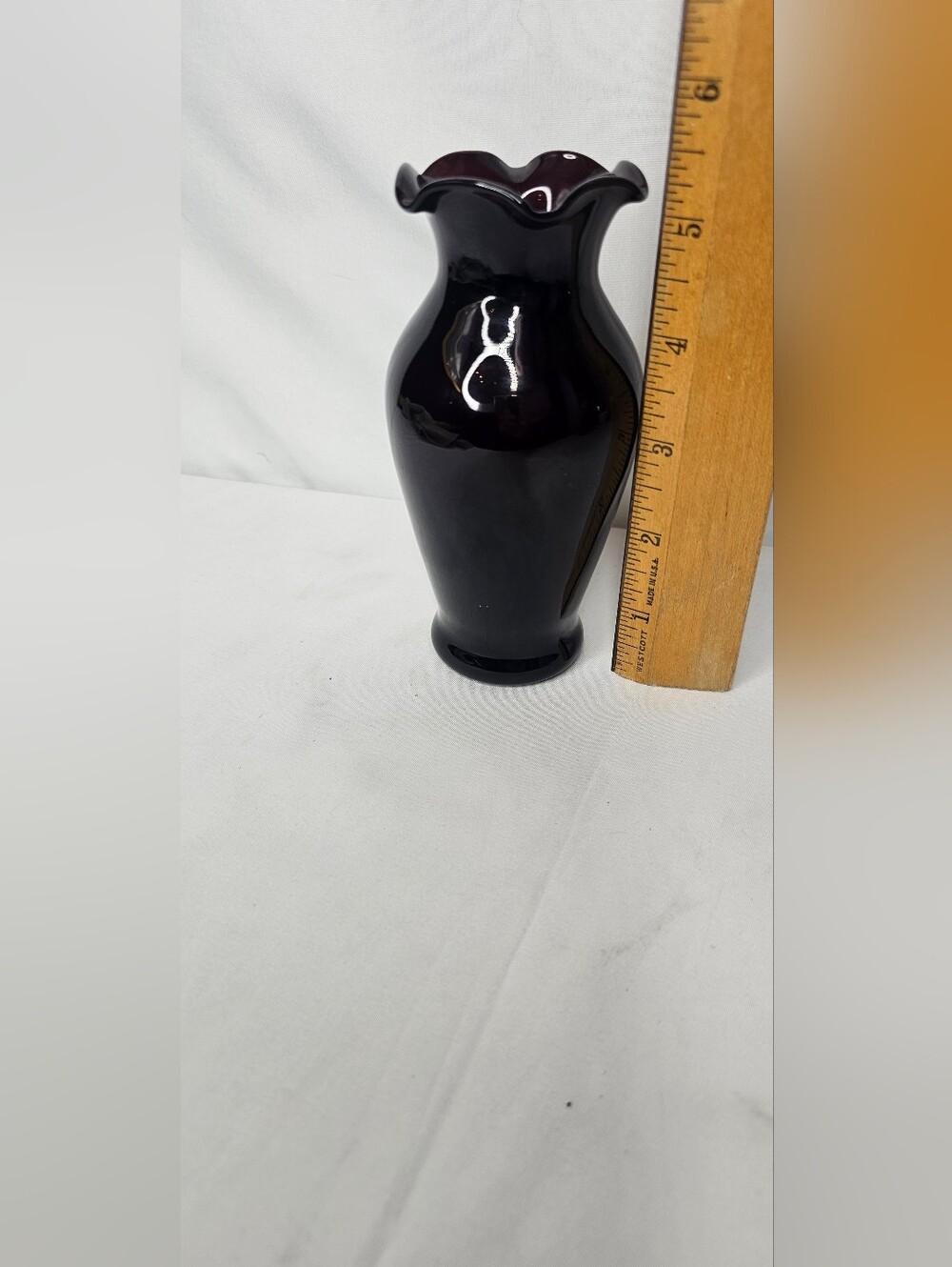 Vintage Black Amethyst Glass Ruffled Vase | 5.5" Dark Purple Crimped Rim Urn - Picture 6 of 7